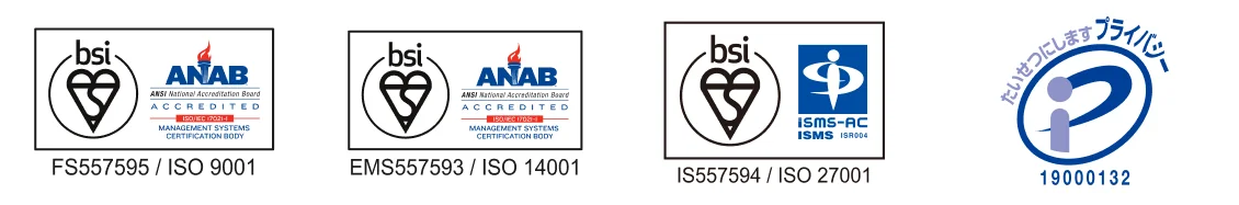 ISO9001 / ISO14001 / ISO27001 / JISQ15001 認証マーク